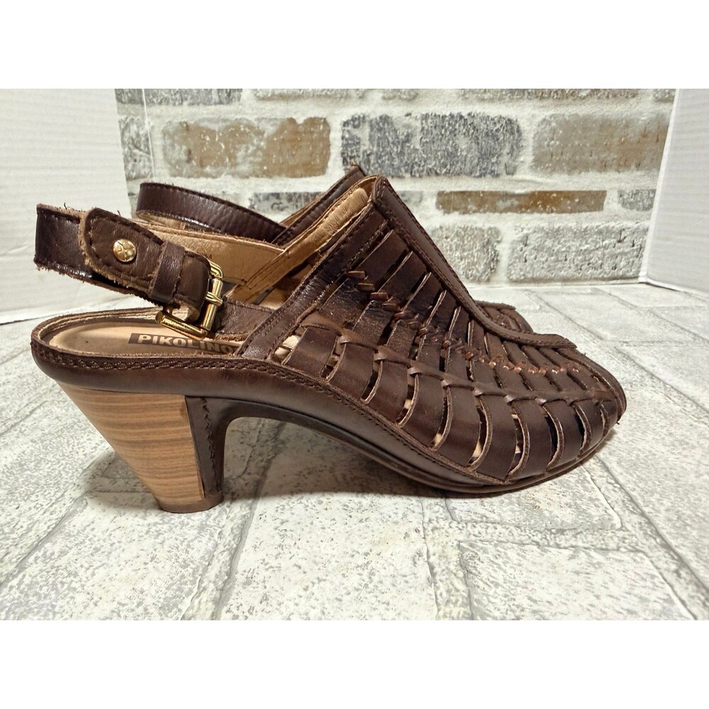 Pikolinos Java Leather Gladiator Heel Sandals Brown Stitch Mid Heel EU 37-6.5-7
